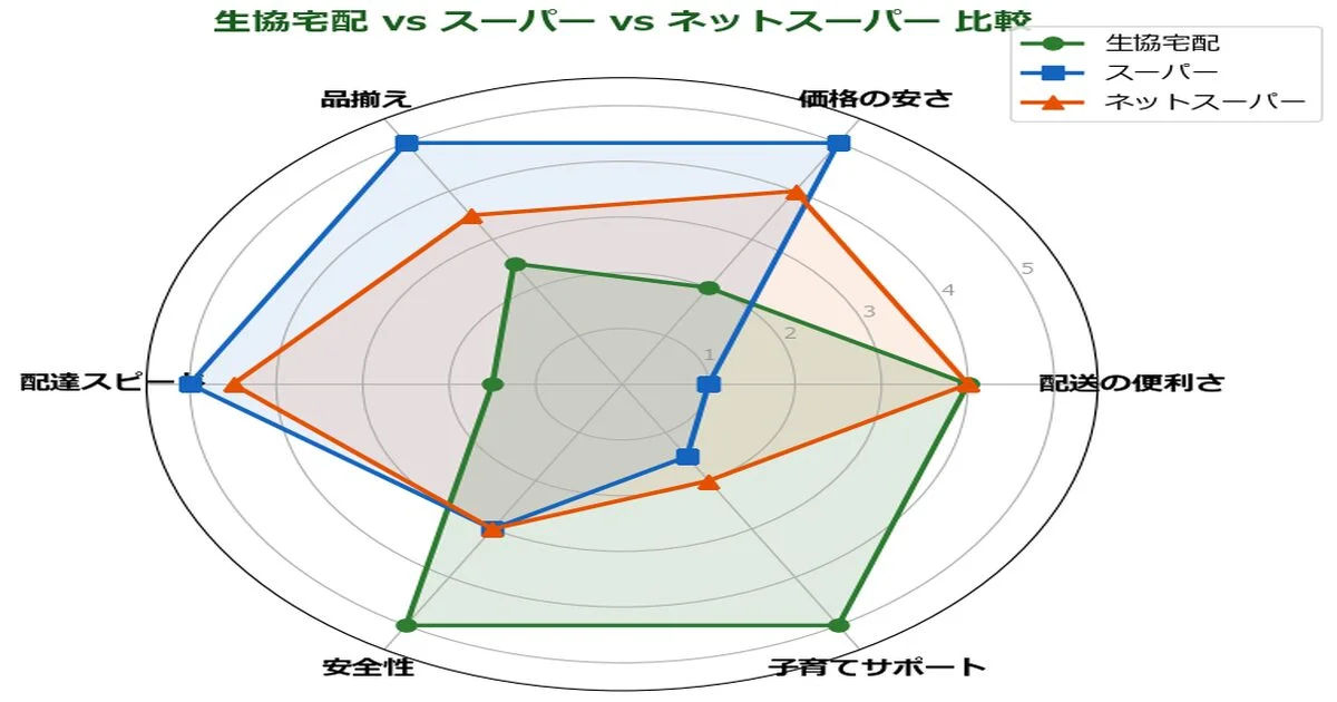 生協宅配vsスーパーvsネットスーパー比較レーダーチャート