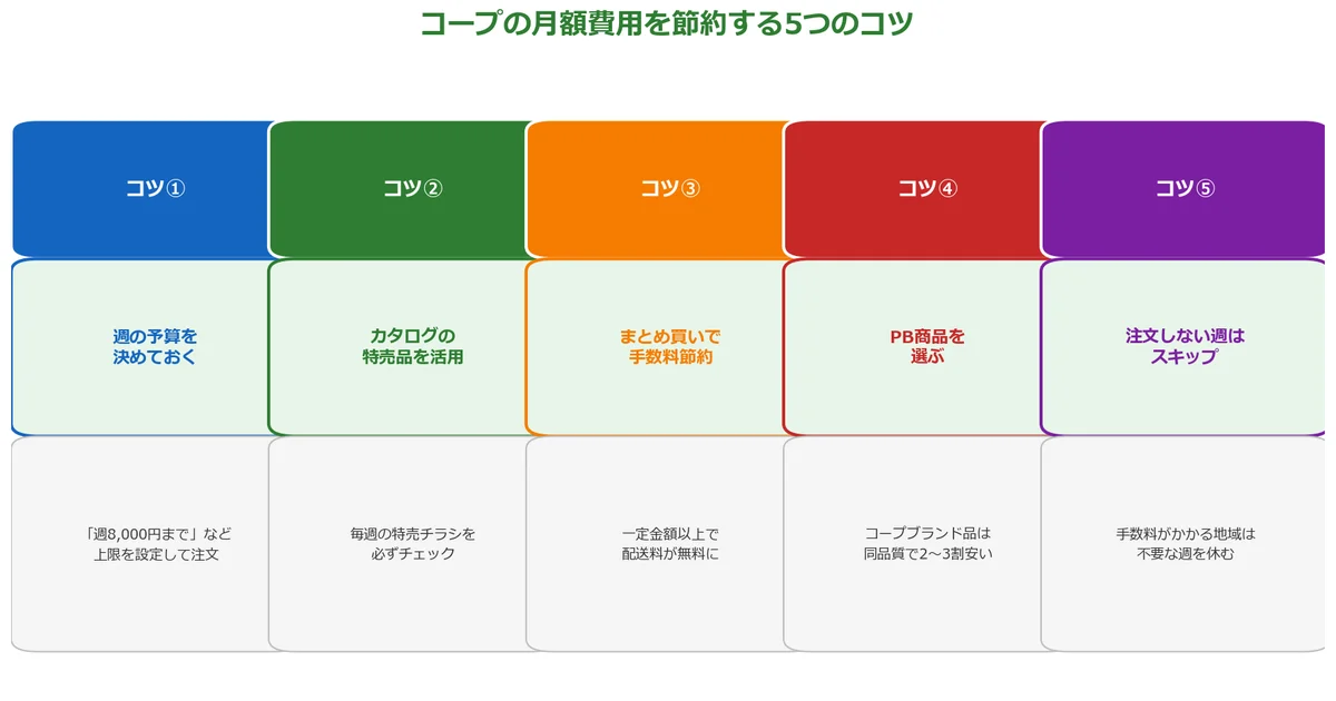 コープの月額費用を節約する5つのコツの図解チャート