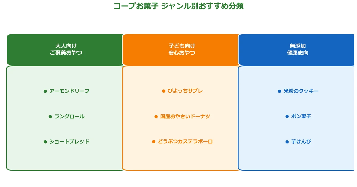 コープお菓子をジャンル別に分類目的別おすすめの解説図