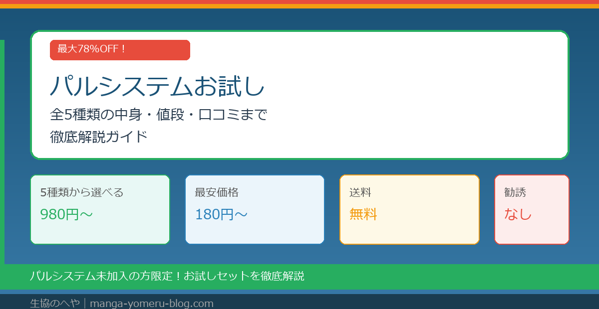 パルシステムお試しセット全5種類を徹底解説！最安180円で買う方法・口コミ・勧誘の有無まで