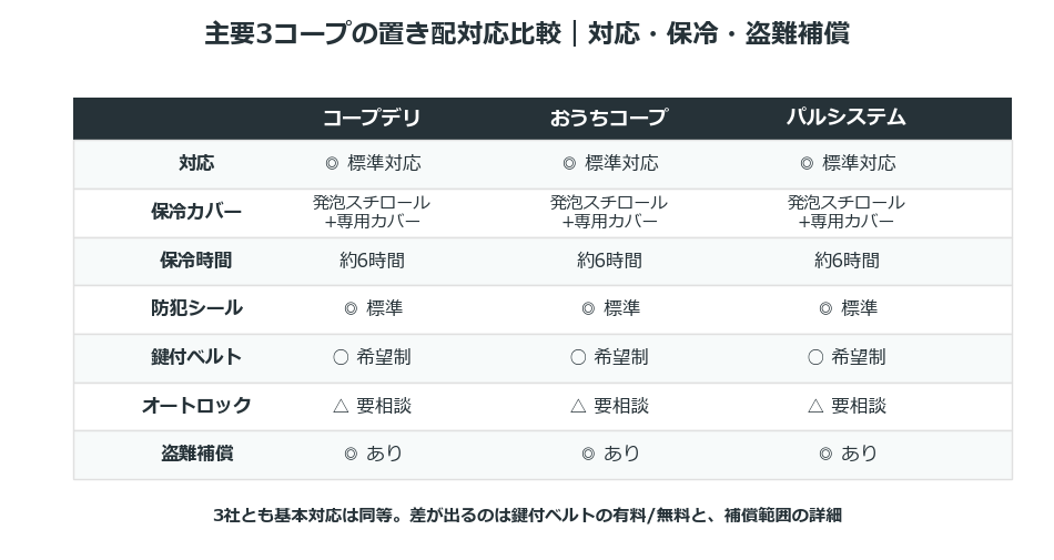 コープデリ おうちコープ パルシステム 置き配対応比較表