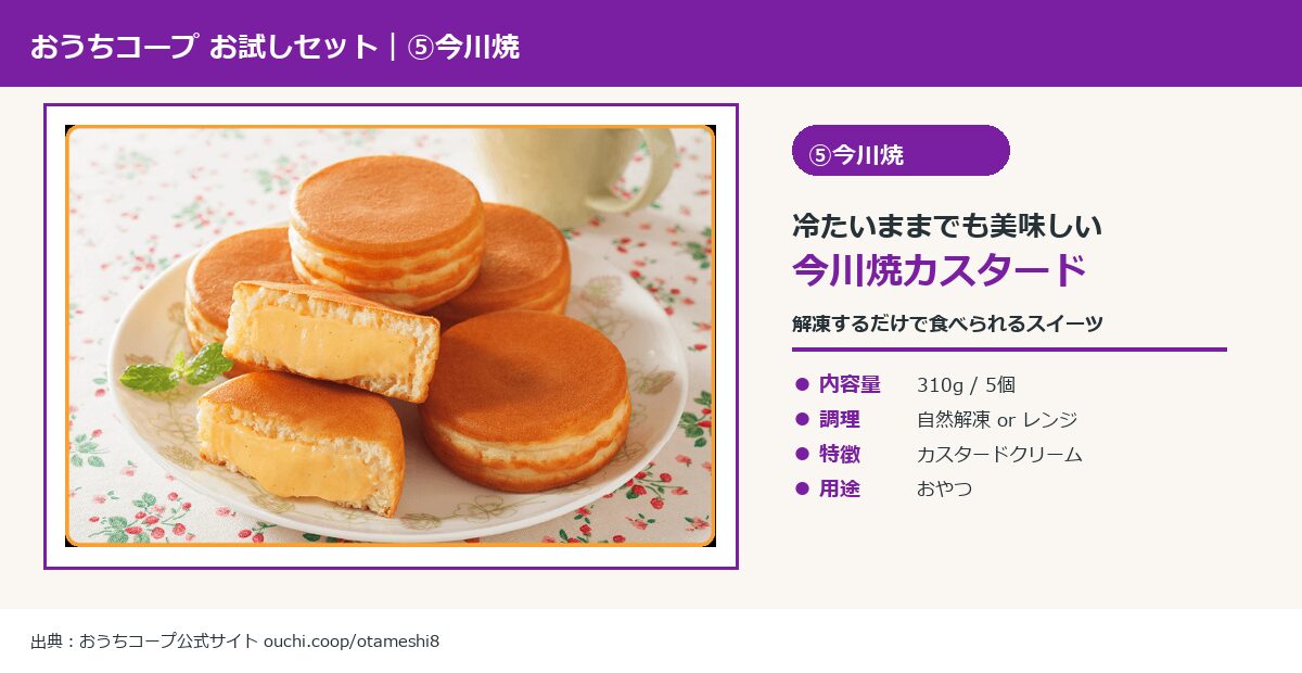おうちコープ お試しセット 冷たいままでも美味しい今川焼カスタードクリーム 310g 5個の実物商品画像