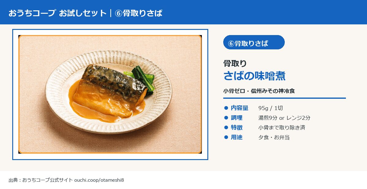 おうちコープ お試しセット 骨取りさばの味噌煮 95g 1切の実物商品画像