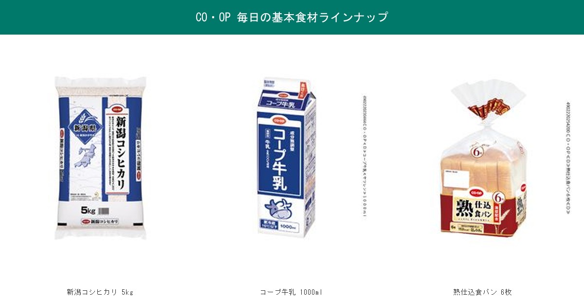 CO・OP 基本食材3品(新潟コシヒカリ・コープ牛乳・熟仕込食パン)パッケージ