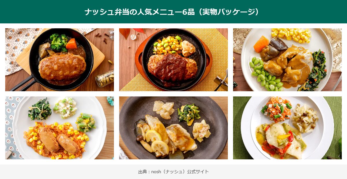 ナッシュ公式の冷凍弁当人気メニュー6品(実物パッケージ写真コラージュ)