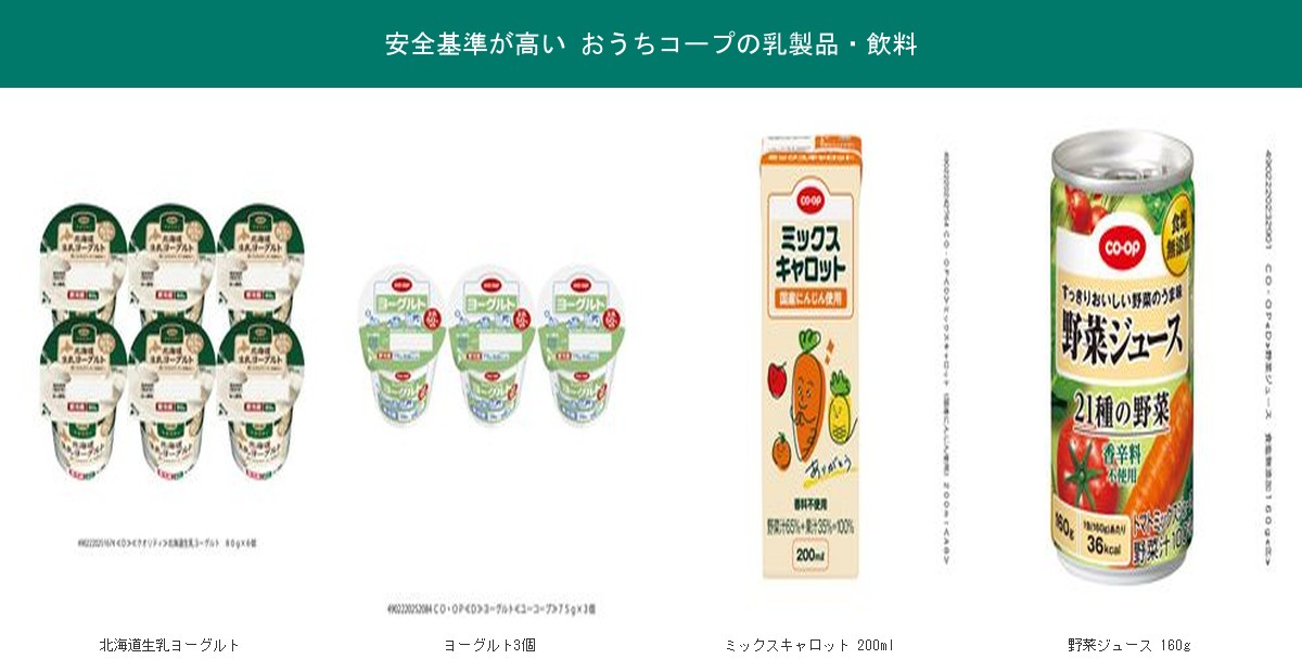 安全基準が高いおうちコープの乳製品・飲料4品